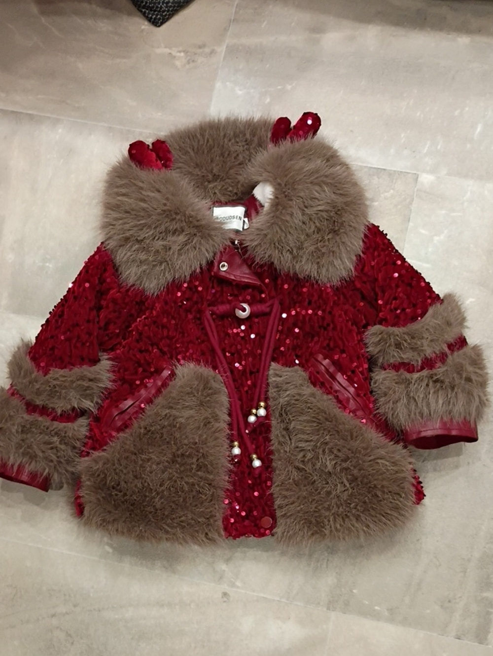 Aoduosen Christmas Red Sequin Faux-Fur Trim Coat